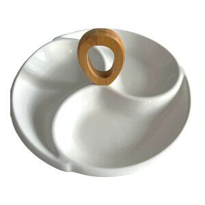 Brandani Divided Ceramic Serving Dish with Bamboo Handle 12 Inch